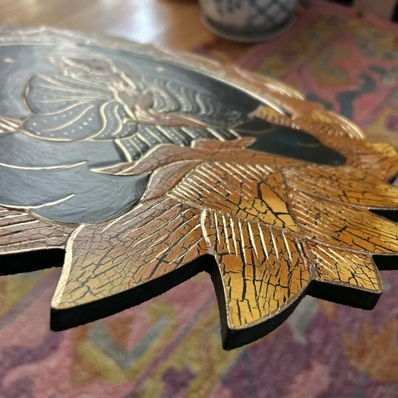 Vintage 15.5" Crackled Wood Handcarved Gold and Black Buddha Wall Art Indonesia - Picture 6 of 15